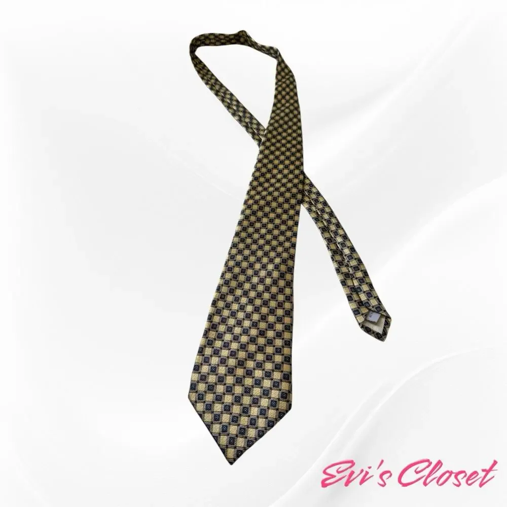 Vintage Pierre Cardin Men’s Tie, Gold w/ Blue Geometric Pattern 100% Silk